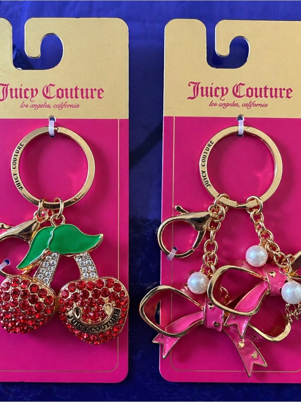 Juicy Couture Cherry & Bow Keychain Set Rhinestone Gold Pink Y2K NWT